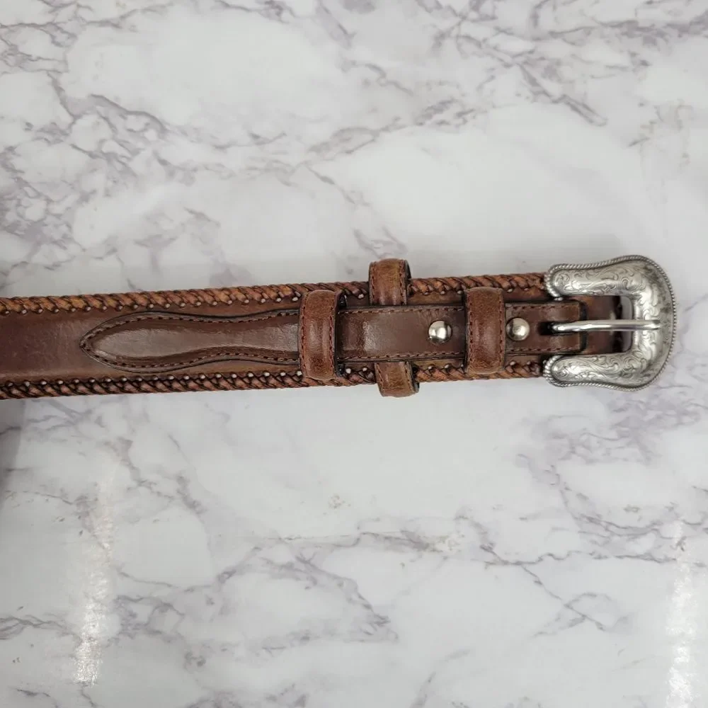 Nocona Men's Brown Leather Belt with Silver Buckle Top Hand Western